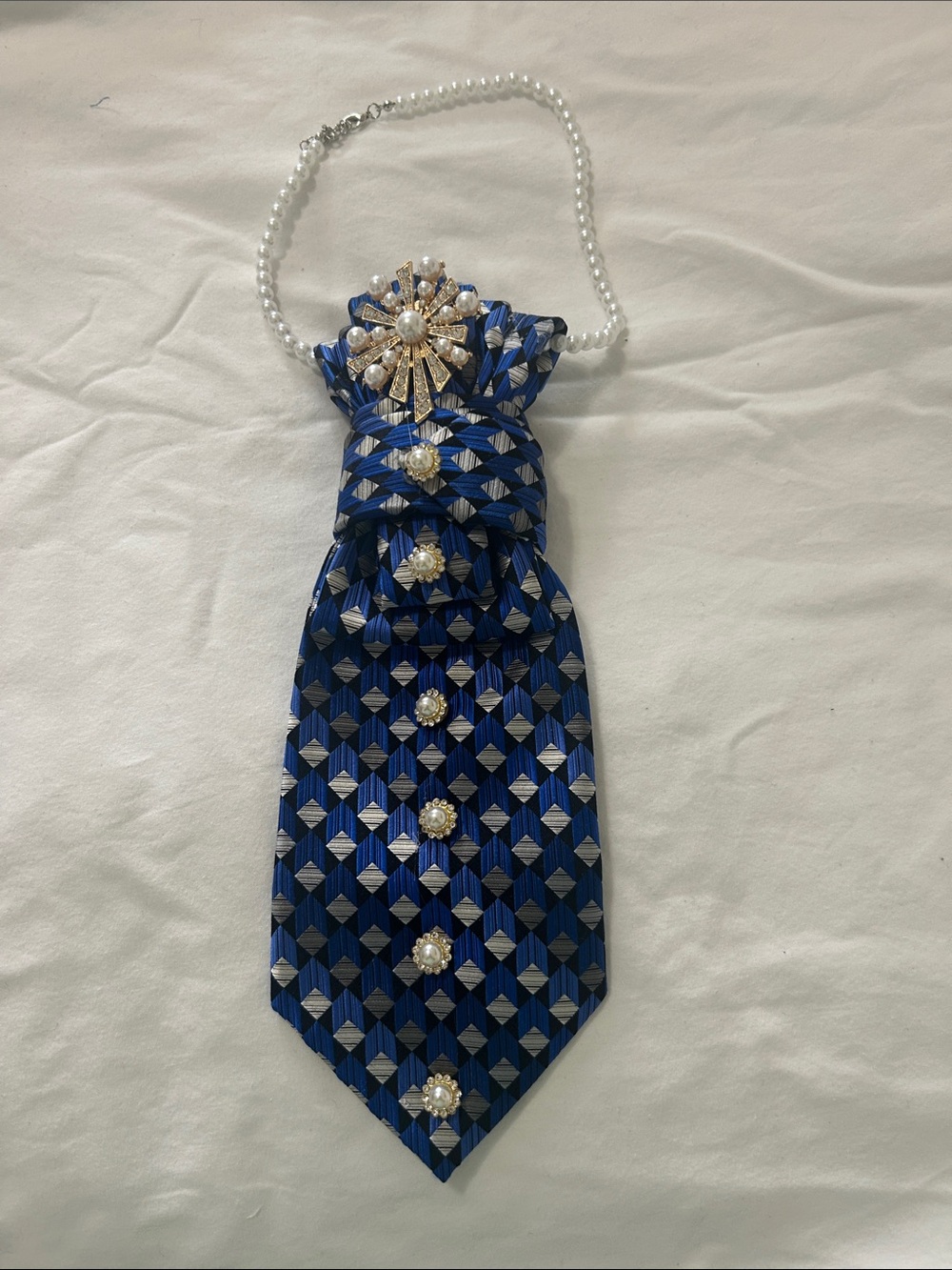 Blue Geometric Tie Necklace with Pearl Chain